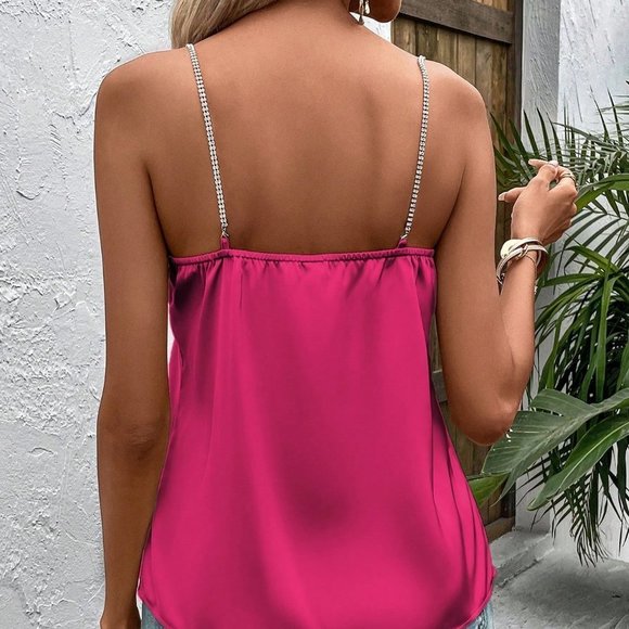 Hot Pink Preppy Womens Draped Collar Rhinestone Chain Detail Cami Top - Picture 2 of 6